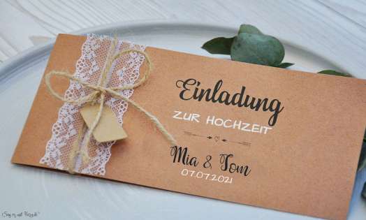 Hochzeitseinladung Kraftpapier Spitze Vintage diy