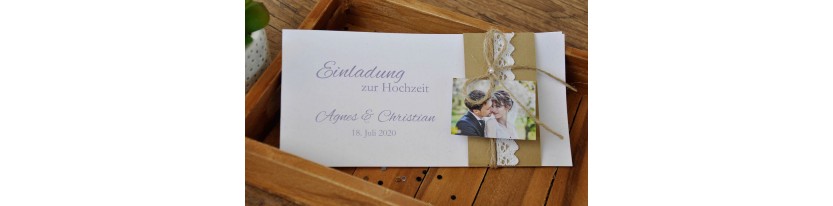 Vintage Einladungskarten Hochzeit Mit Kraftpapier Banderole Spitze Und Foto
