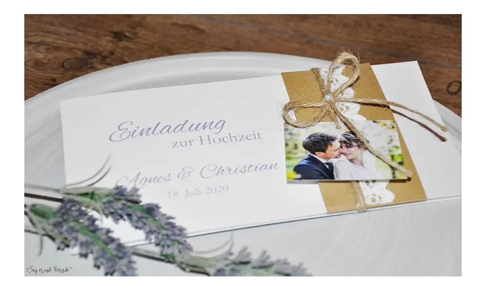 Vintage Einladungskarten Hochzeit mit Kraftpapier Banderole, Spitze mit Foto, diy