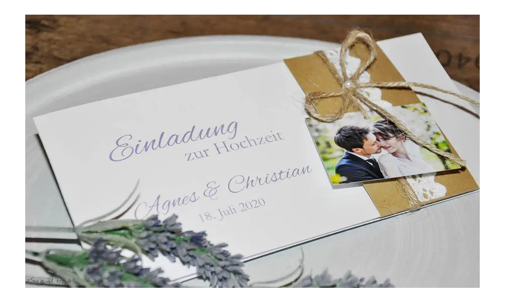 Vintage Einladungskarten Hochzeit mit Kraftpapier Banderole, Spitze mit Foto, diy