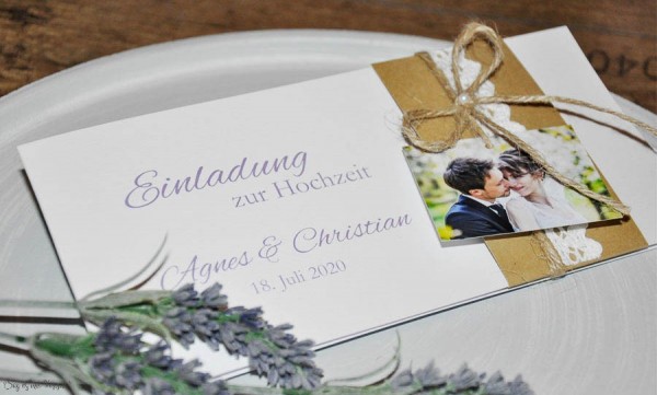Vintage Einladungskarten Hochzeit mit Kraftpapier Banderole, Spitze mit Foto, diy