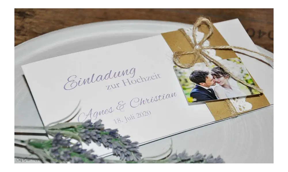 Vintage Einladungskarten Hochzeit mit Kraftpapier Banderole, Spitze mit Foto, diy