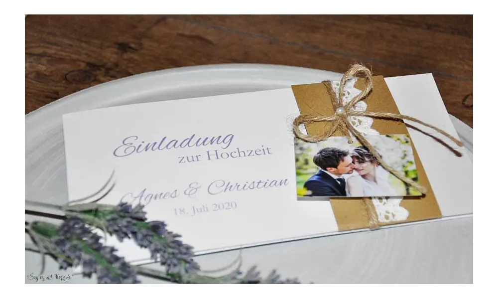 Vintage Einladungskarten Hochzeit mit Kraftpapier Banderole, Spitze mit Foto, diy