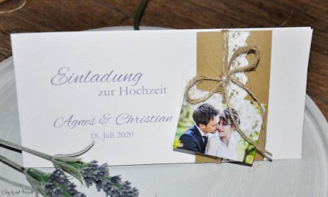 Vintage Einladungskarten Hochzeit mit Kraftpapier Banderole, Spitze mit Foto, diy