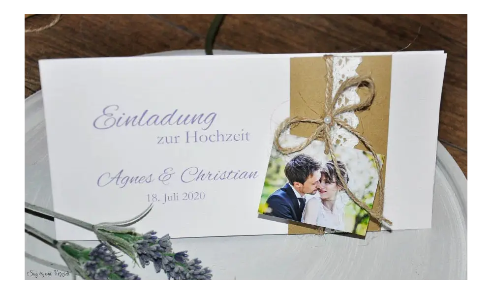 Vintage Einladungskarten Hochzeit mit Kraftpapier Banderole, Spitze mit Foto, diy