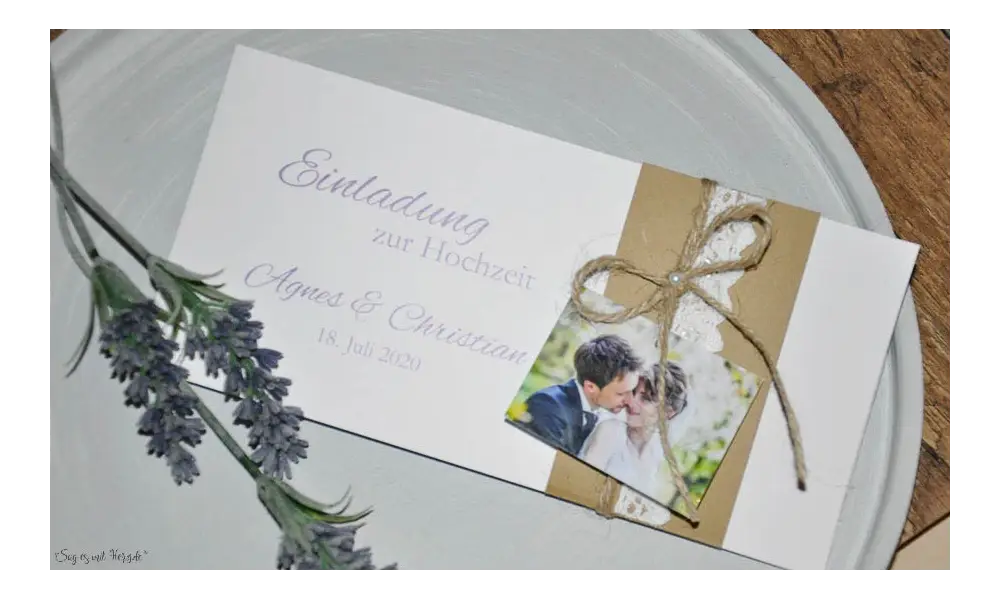 Vintage Einladungskarten Hochzeit mit Kraftpapier Banderole, Spitze mit Foto, diy