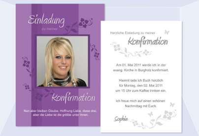 Einladung Kommunion / Konfirmation, Postkarte 10x15 cm, lila