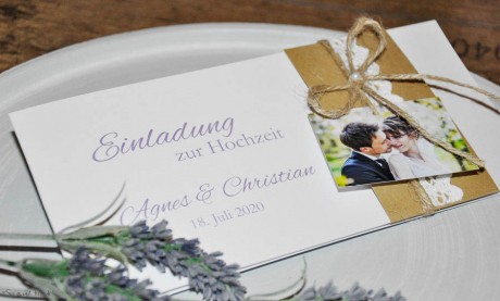 Hochzeitseinladungen Vintage Kraftpapier Banderole mit Spitze weiß, mit Foto, rosa diy