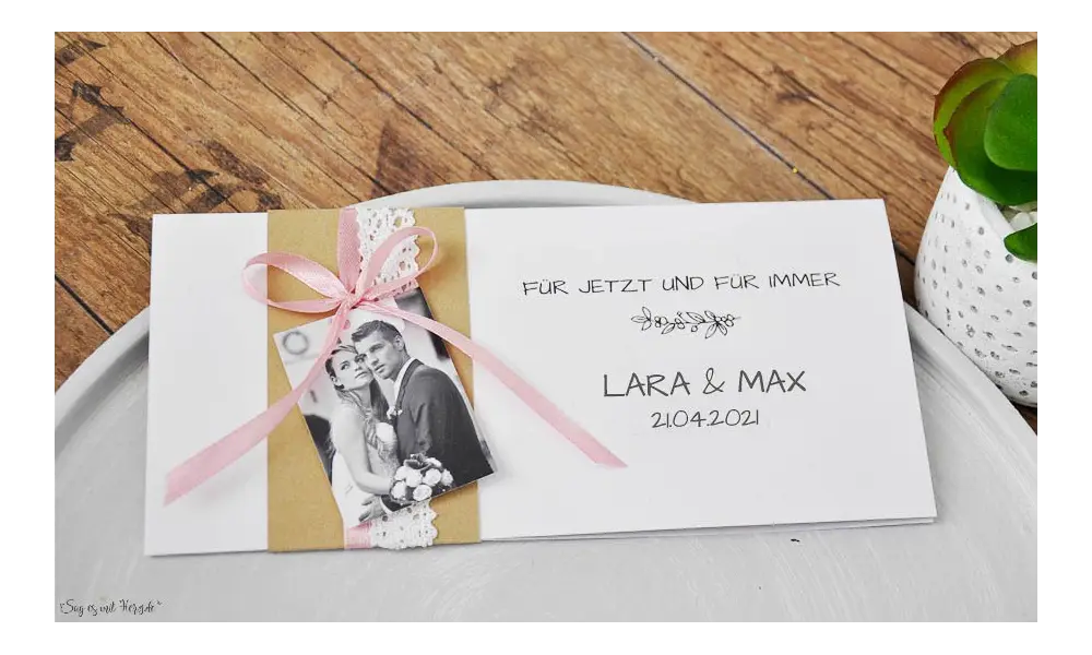 Hochzeitseinladungen Vintage Kraftpapier Banderole mit Spitze weiß, mit Foto, rosa diy