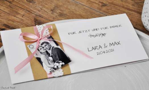 Hochzeitseinladungen Vintage Kraftpapier Banderole mit Spitze weiß, mit Foto, rosa diy