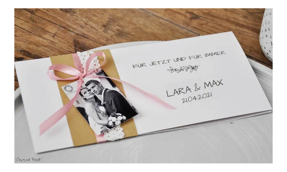 Hochzeitseinladungen Vintage Kraftpapier Banderole mit Spitze weiß, mit Foto, rosa diy