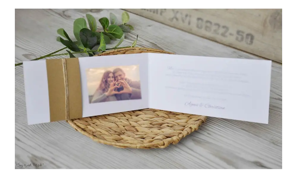 Hochzeitseinladungen Vintage Kraftpapier Banderole mit Spitze weiß, mit Foto, rosa diy