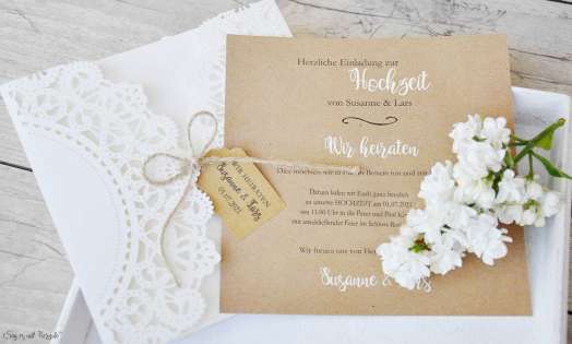 Vintage Einladungskarten Hochzeit mit Lasercut Spitze & Kraftpapier