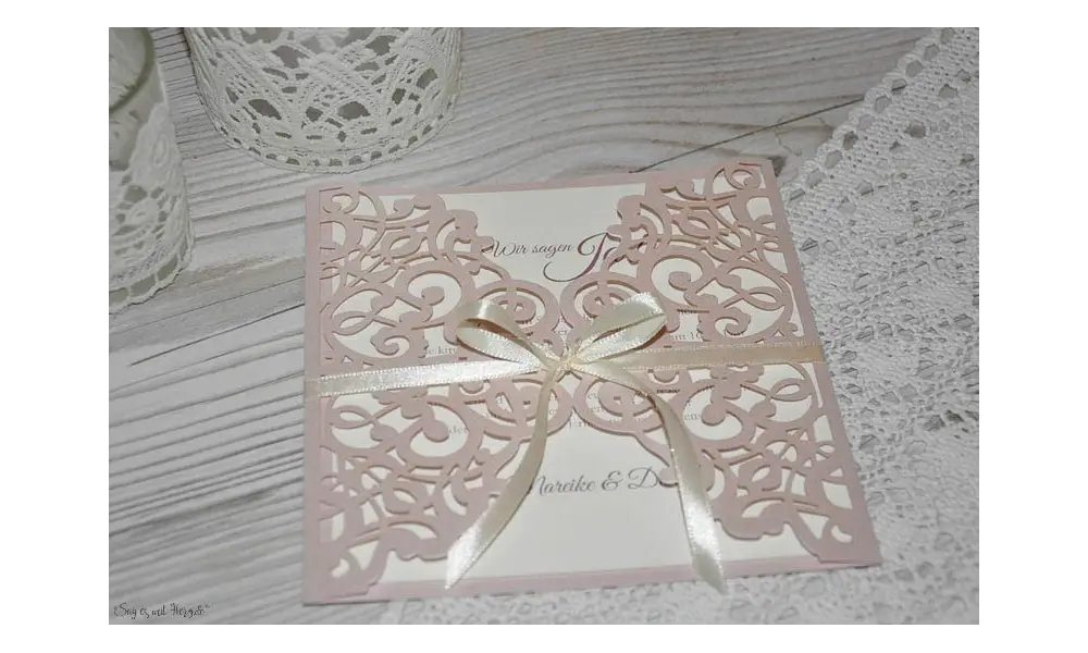 Rosa Lasercut Spitze, Einladungskarten Hochzeit Vintage Spitze rosa, blush pink