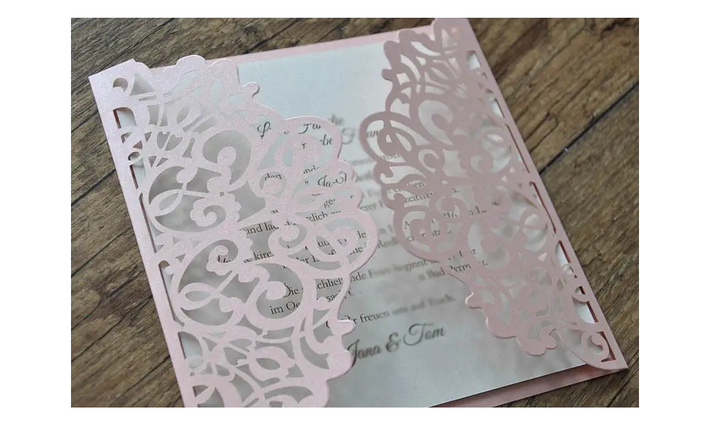 Rosa Lasercut Spitze, Einladungskarten Hochzeit Vintage Spitze rosa, blush pink