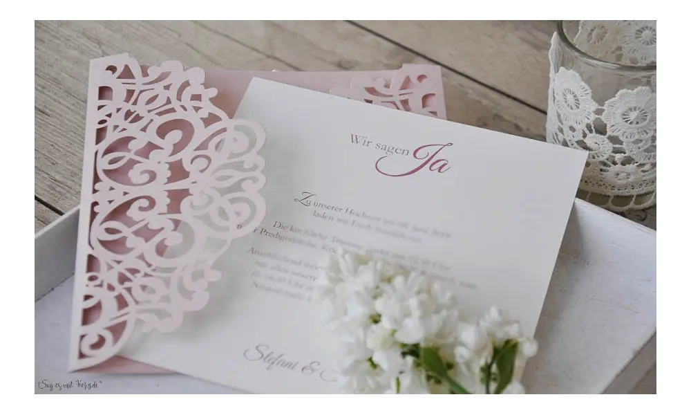 Rosa Lasercut Spitze, Einladungskarten Hochzeit Vintage Spitze rosa, blush pink