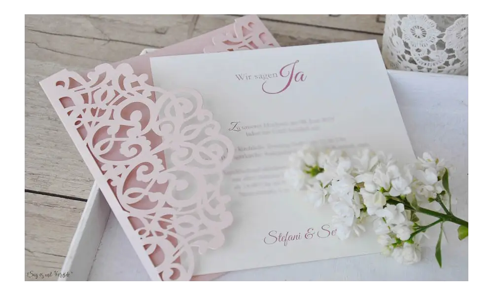 Rosa Lasercut Spitze, Einladungskarten Hochzeit Vintage Spitze rosa, blush pink