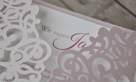 Rosa Lasercut Spitze, Einladungskarten Hochzeit Vintage Spitze rosa, blush pink