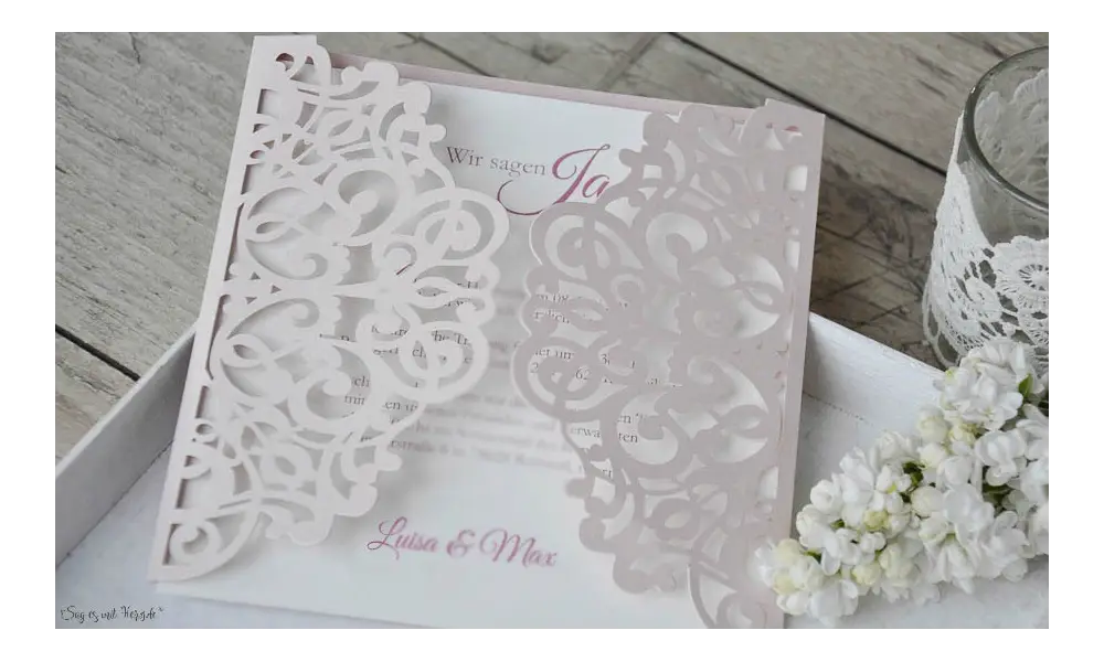 Rosa Lasercut Spitze, Einladungskarten Hochzeit Vintage Spitze rosa, blush pink