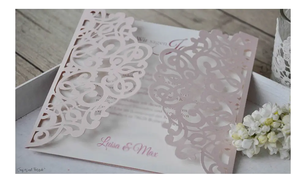 Rosa Lasercut Spitze, Einladungskarten Hochzeit Vintage Spitze rosa, blush pink