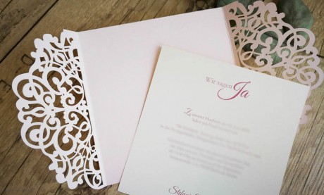 Rosa Lasercut Spitze, Einladungskarten Hochzeit Vintage Spitze rosa, blush pink