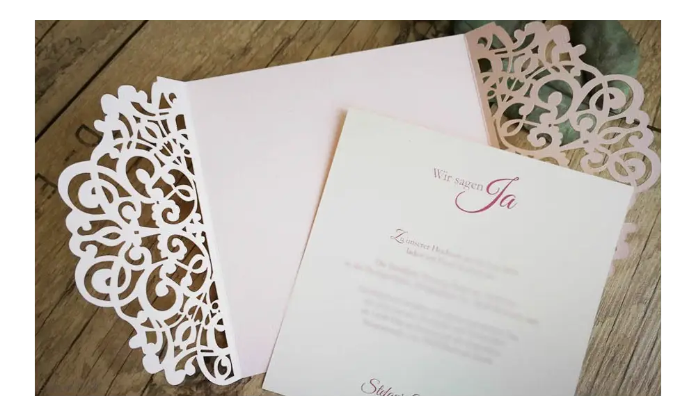 Rosa Lasercut Spitze, Einladungskarten Hochzeit Vintage Spitze rosa, blush pink