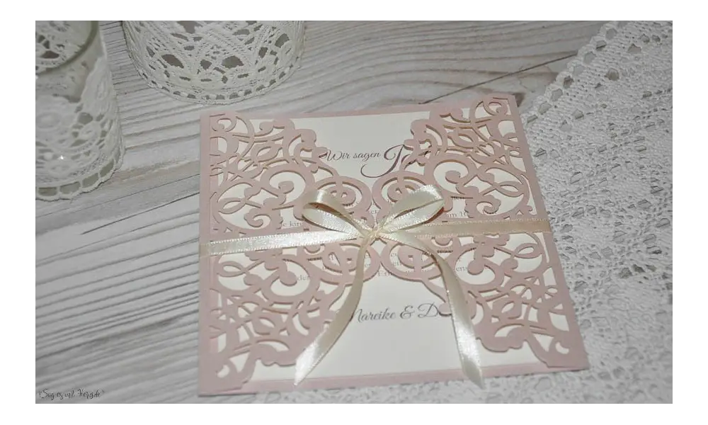 Rosa Lasercut Spitze, Einladungskarten Hochzeit Vintage Spitze rosa, blush pink