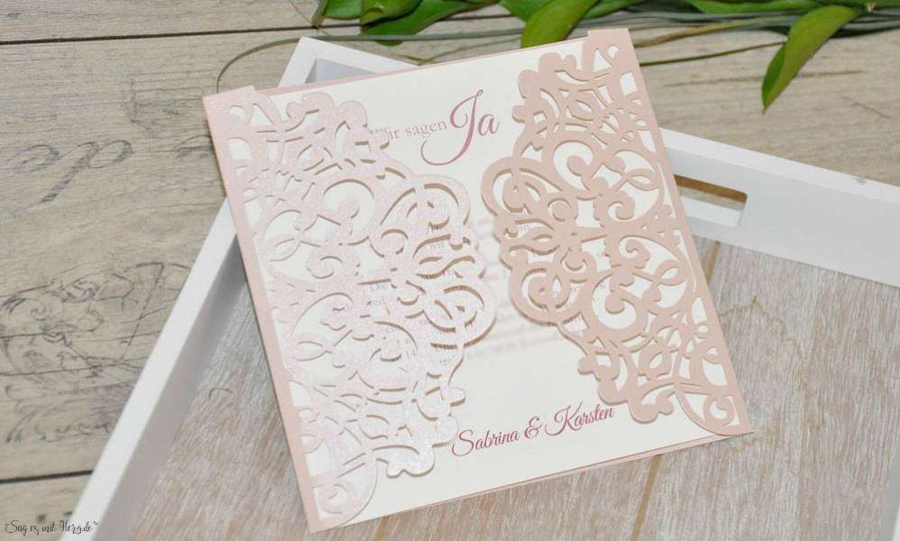 Rosa Lasercut Spitze, Einladungskarten Hochzeit Vintage Spitze rosa, blush pink