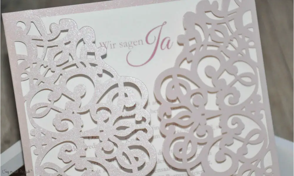 Rosa Lasercut Spitze, Einladungskarten Hochzeit Vintage Spitze rosa, blush pink