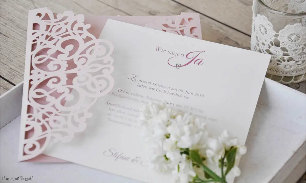 Rosa Lasercut Spitze, Einladungskarten Hochzeit Vintage Spitze rosa, blush pink