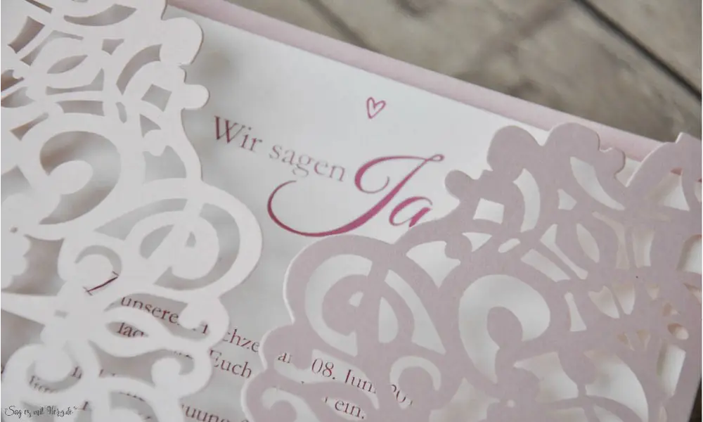 Rosa Lasercut Spitze, Einladungskarten Hochzeit Vintage Spitze rosa, blush pink
