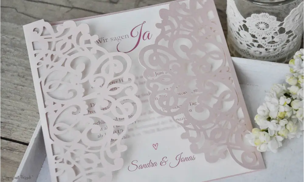 Rosa Lasercut Spitze, Einladungskarten Hochzeit Vintage Spitze rosa, blush pink
