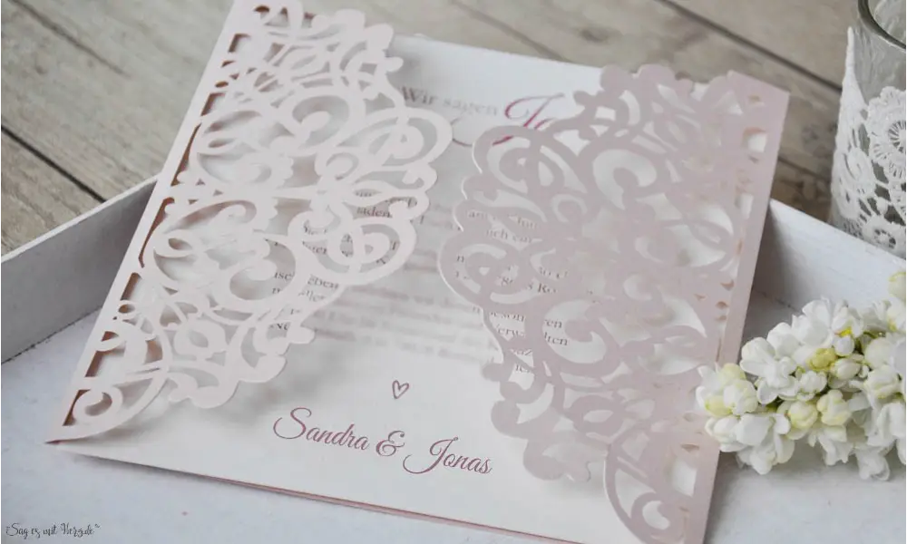 Rosa Lasercut Spitze, Einladungskarten Hochzeit Vintage Spitze rosa, blush pink