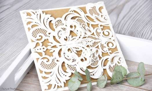 Einladungskarten Hochzeit gold weiß Laser cut