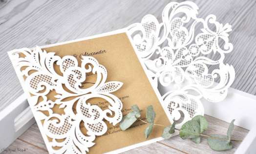 Einladungskarten Hochzeit gold weiß Laser cut