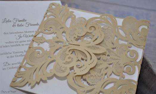 Einladungskarten Hochzeit gold weiß Laser cut