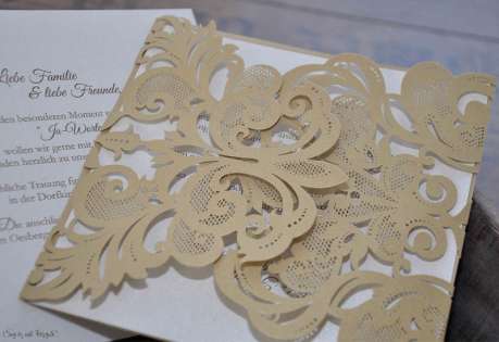 Einladungskarten Hochzeit gold weiß Laser cut