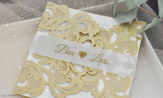 Einladungskarten Hochzeit gold weiß Laser cut