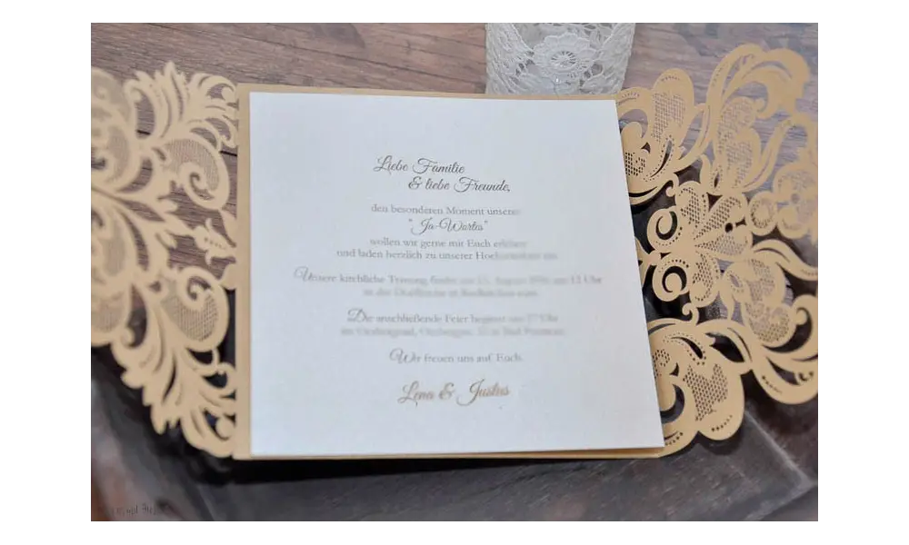 Einladungskarten Hochzeit gold weiß Laser cut