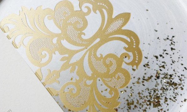 Einladungskarten Hochzeit gold weiß Laser cut