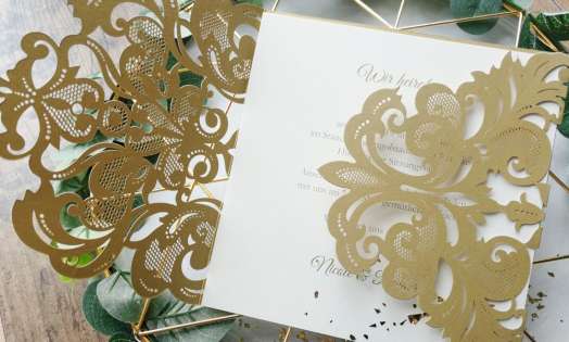 Einladungskarten Hochzeit gold weiß Laser cut