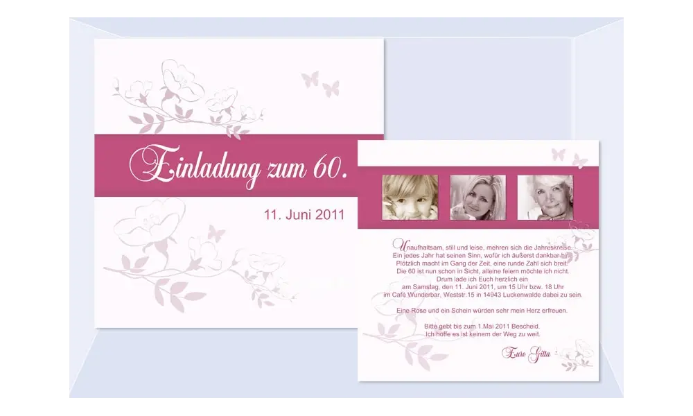 Einladung 60. Geburtstag, Flachkarte 12,5x12,5 cm, rosa pink