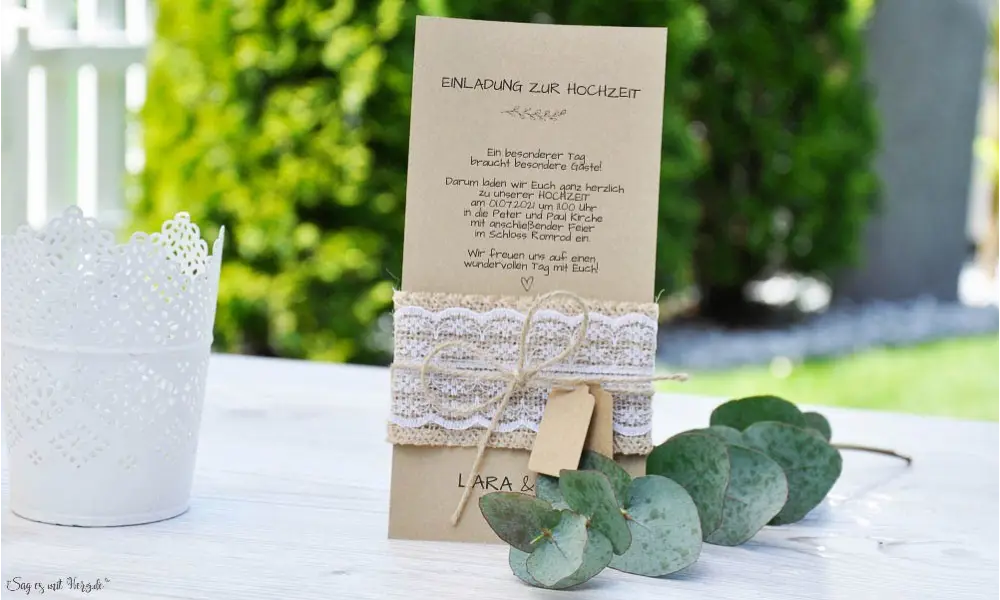 Vintage Einladungskarte Hochzeit Kraftpapier Spitze Sackleinen diy