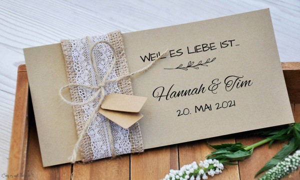 Vintage Einladungskarte Hochzeit Kraftpapier Spitze Sackleinen diy
