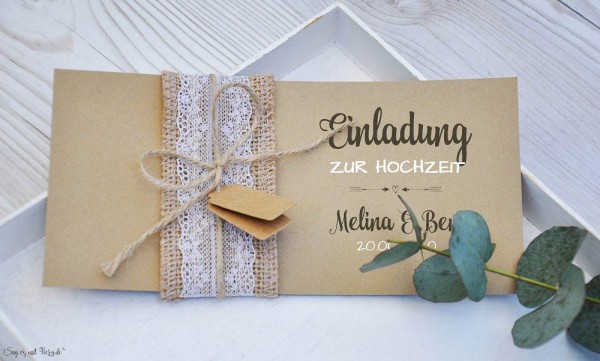 Vintage Einladungskarte Hochzeit Kraftpapier Spitze Sackleinen diy