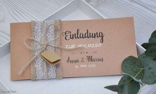 Vintage Einladungskarte Hochzeit Kraftpapier Spitze Sackleinen diy