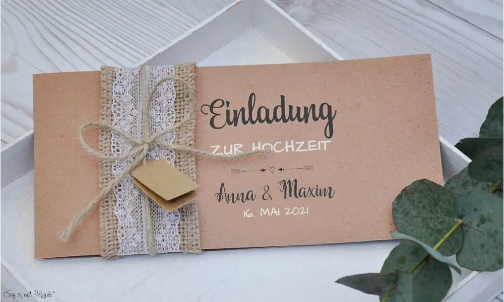 Vintage Einladungskarte Hochzeit Kraftpapier Spitze Sackleinen diy