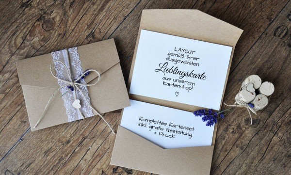 Hochzeitseinladungen Pocketfold Kraftpapier Spitze Vintage diy Lavendel