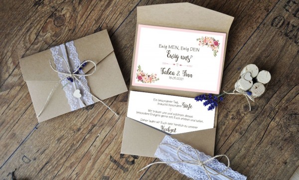 Hochzeitseinladungen Pocketfold Kraftpapier Spitze Vintage diy Blumen