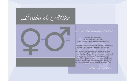 Einladungskarte Hochzeit "Zeichen", Flachkarte 12,5x12,5 cm, grau lila